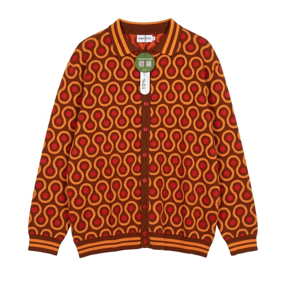 NWT OXKNIT Carpet Pattern Shinning 70s Retro Style Cardigan Polo Button Down 2XL
